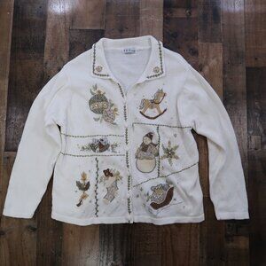 B.P. Design Womans 1X Cream Ugly Christmas Cardigan Sweater Embroidered Beaded